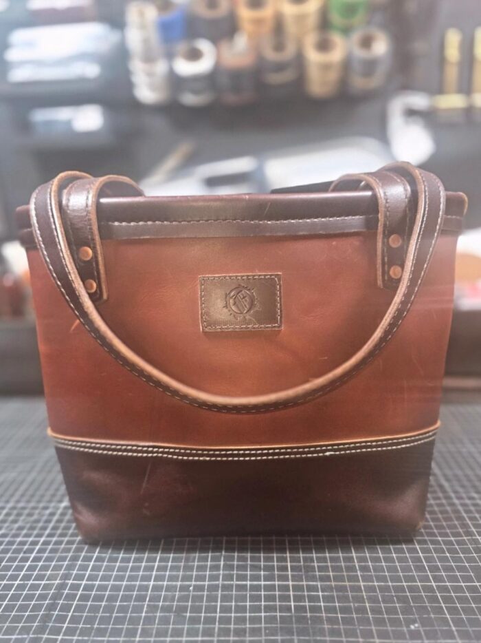 BROWN AND COPPER 2 TONE PULL UP TOTE FRONT